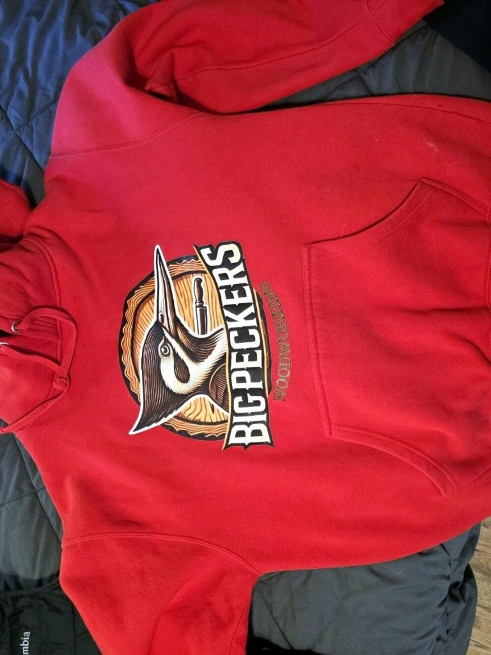 Big Peckers Woodworking Hoodie Mens L Red Pullover Funny Woodpecker Graphic